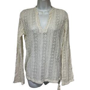lucky brand boho open crochet knit long sleeve pullover blouse Size S